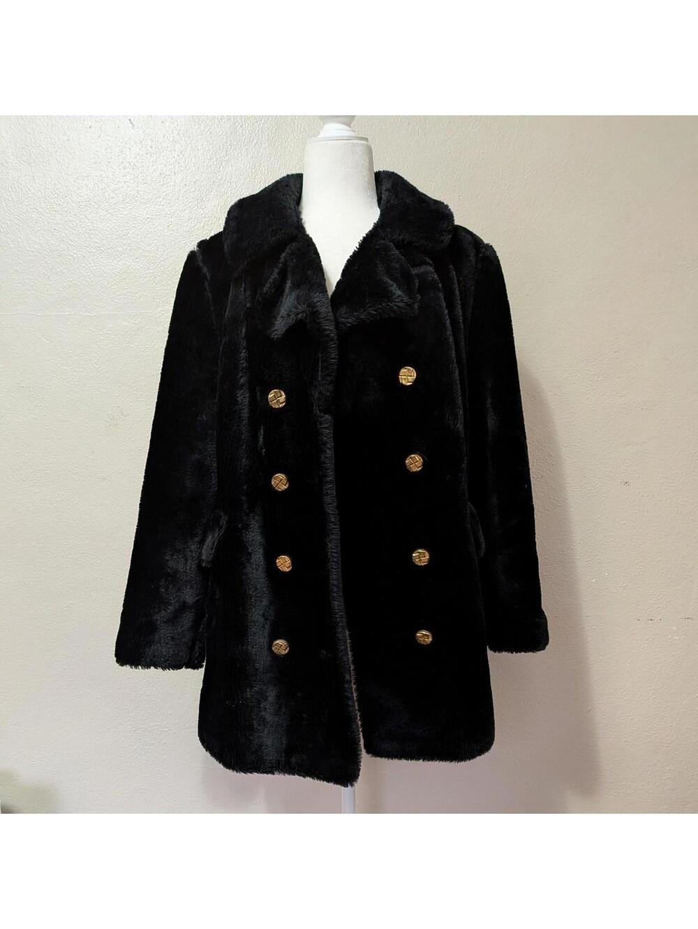 1970s Black Faux Fur Double Breasted Coat Womens Small Vintage Winter Outerwear